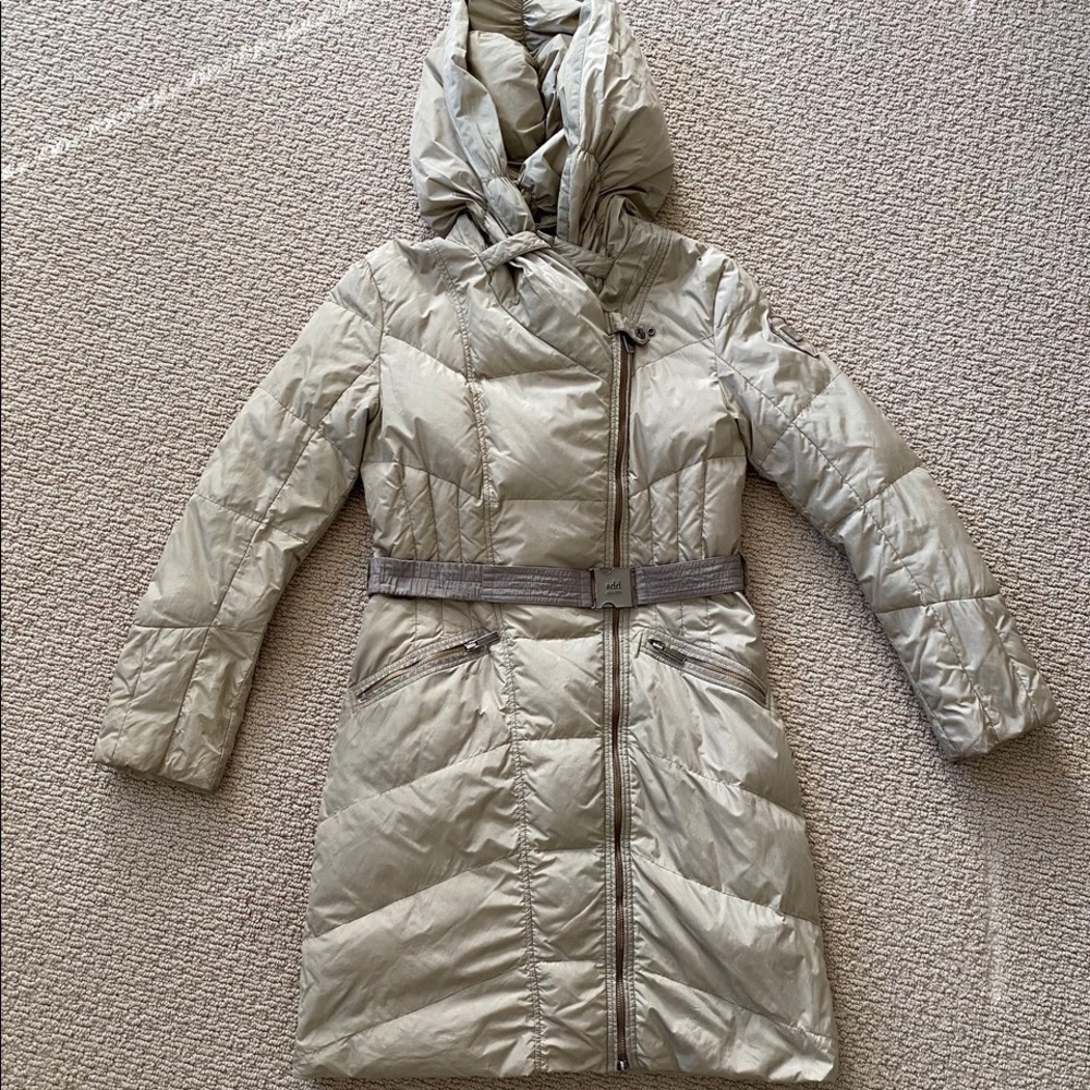 Add Down hooded Jacket SZ M. Tan color. Comes with belt.